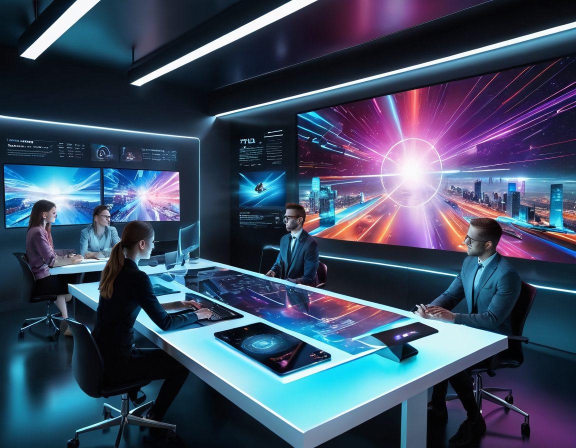 An imaginative scene showcasing futuristic technology and innovative solutions, featuring an enthusiastic team collaborating at a sleek workspace filled with holographic displays and digital interfaces. The background is alive with dynamic visuals of the XTXXX services in action, symbolizing transformation and progress. The atmosphere should feel vibrant and forward-thinking, inspiring creativity and exploration. modern illustration. vibrant colors. 3D.