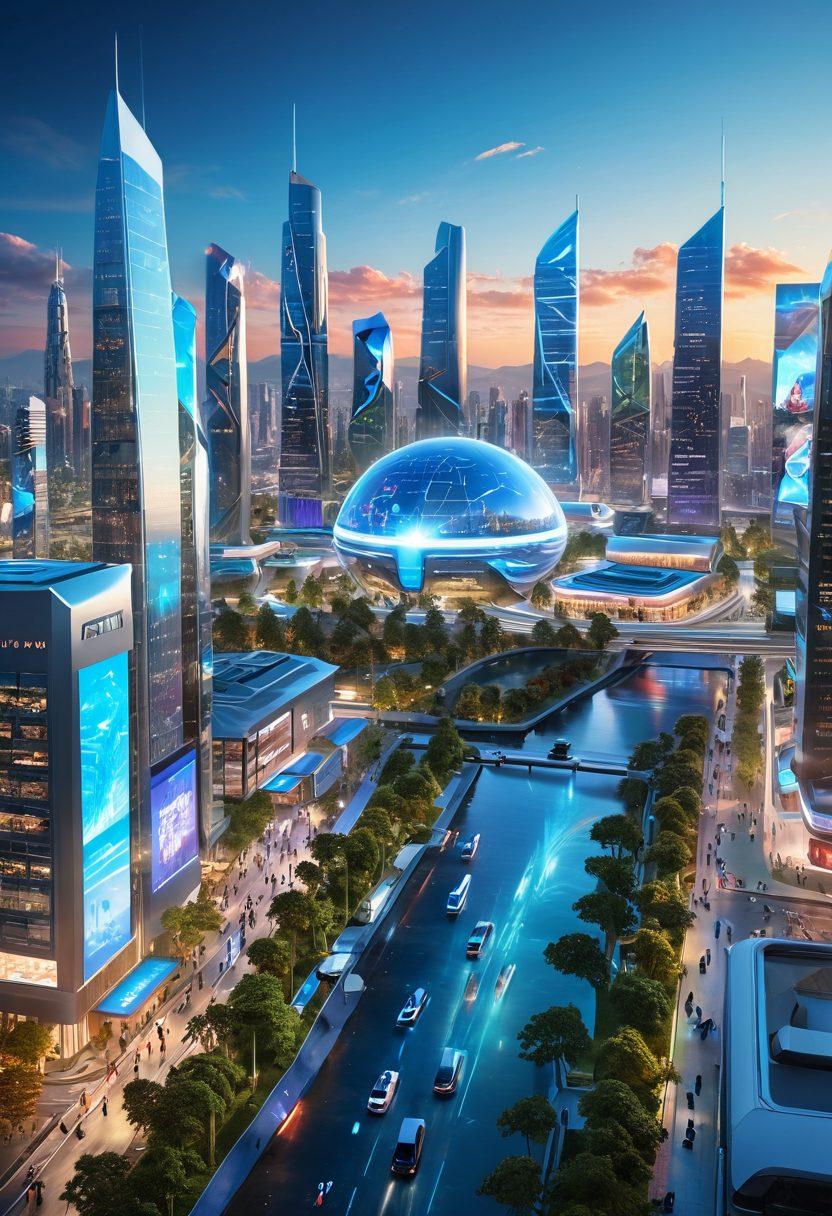 A futuristic city skyline featuring advanced XTXXX products like smart homes, autonomous vehicles, and innovative tech systems. The scene is bustling with people using technology seamlessly integrated into their daily lives, showcasing vibrant holograms and eco-friendly designs. Bright sunlit atmosphere with a blend of nature and technology, emphasizing a harmonious future. super-realistic. vibrant colors.