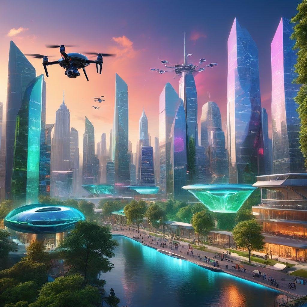 A futuristic cityscape showcasing advanced technology, featuring drones flying above, holograms displaying tech innovations, and modern buildings with green spaces. Include diverse people using various gadgets and interacting with the environment, symbolizing transformation and connectivity. Highlight vibrant colors and intricate details to evoke a sense of optimism and progress. super-realistic. vibrant colors. 3D.